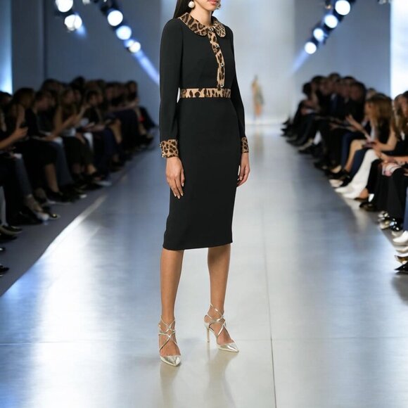 DOLCE GABBANA LEOPARD TRIM MIDI DRESS SIZE M US, 40IT NEW - Picture 1 of 14